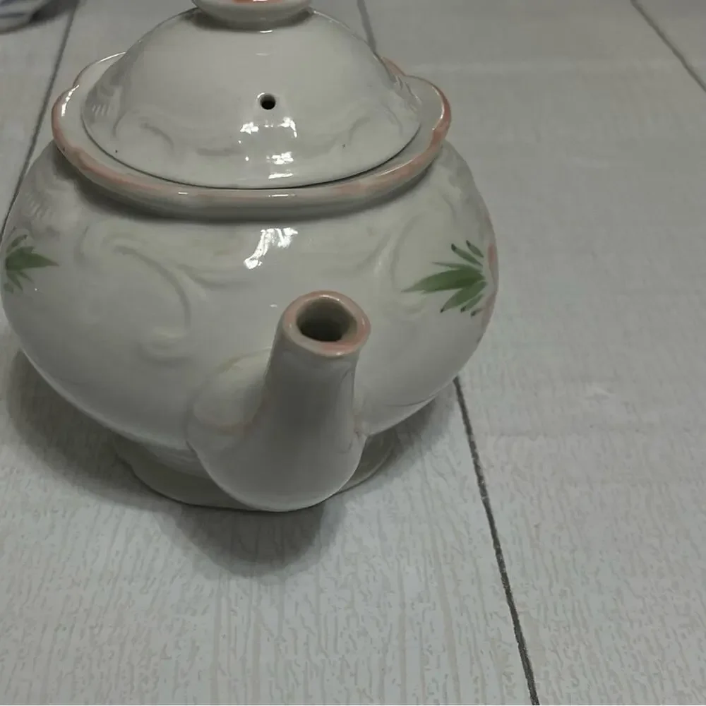 Vintage Pink Floral Teapot White Ceramic Cottage Decor